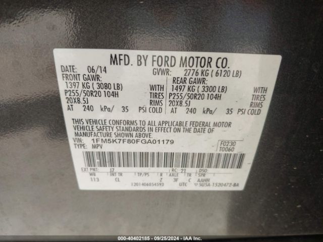 Photo 8 VIN: 1FM5K7F80FGA01179 - FORD EXPLORER 