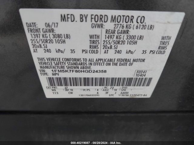 Photo 8 VIN: 1FM5K7F80HGD24358 - FORD EXPLORER 