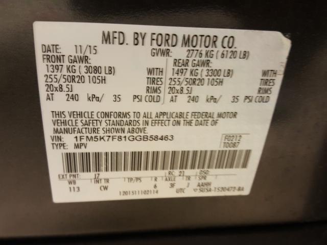 Photo 9 VIN: 1FM5K7F81GGB58463 - FORD EXPLORER L 