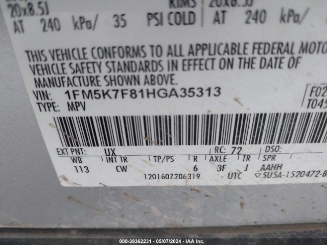 Photo 8 VIN: 1FM5K7F81HGA35313 - FORD EXPLORER 