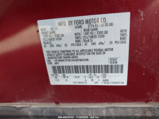 Photo 8 VIN: 1FM5K7F81HGD90336 - FORD EXPLORER 