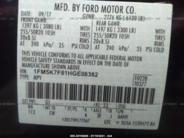 Photo 8 VIN: 1FM5K7F81HGE08382 - FORD EXPLORER 