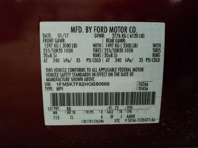 Photo 9 VIN: 1FM5K7F82HGB80666 - FORD EXPLORER L 