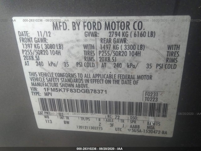 Photo 8 VIN: 1FM5K7F83DGB78371 - FORD EXPLORER 