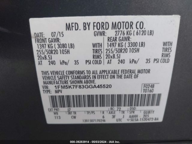 Photo 8 VIN: 1FM5K7F83GGA45520 - FORD EXPLORER 