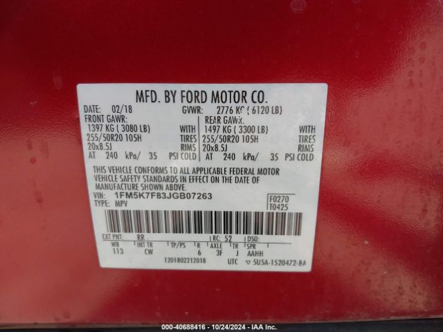 Photo 8 VIN: 1FM5K7F83JGB07263 - FORD EXPLORER 