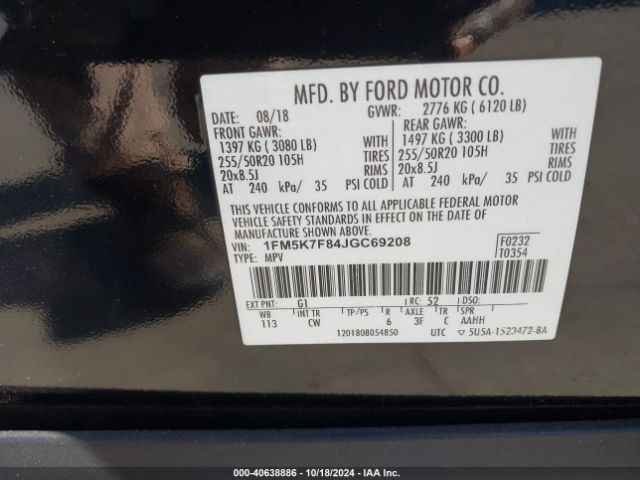 Photo 8 VIN: 1FM5K7F84JGC69208 - FORD EXPLORER 