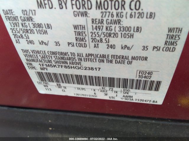 Photo 8 VIN: 1FM5K7F85HGC23817 - FORD EXPLORER 