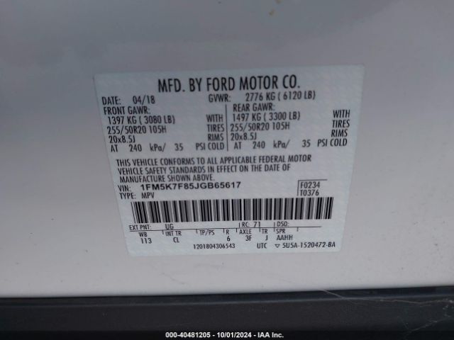 Photo 8 VIN: 1FM5K7F85JGB65617 - FORD EXPLORER 