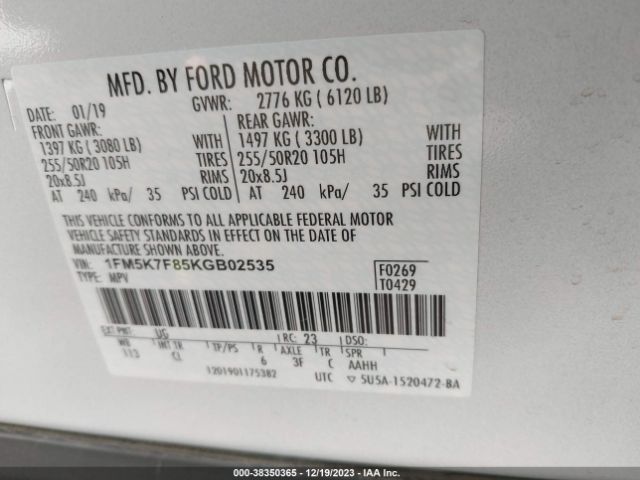 Photo 8 VIN: 1FM5K7F85KGB02535 - FORD EXPLORER 