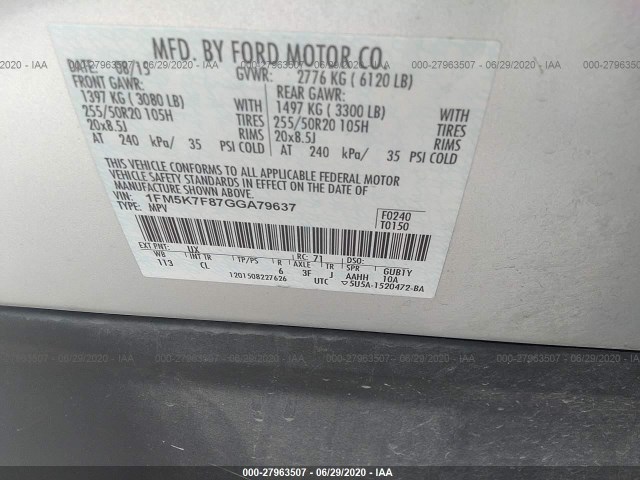 Photo 8 VIN: 1FM5K7F87GGA79637 - FORD EXPLORER 