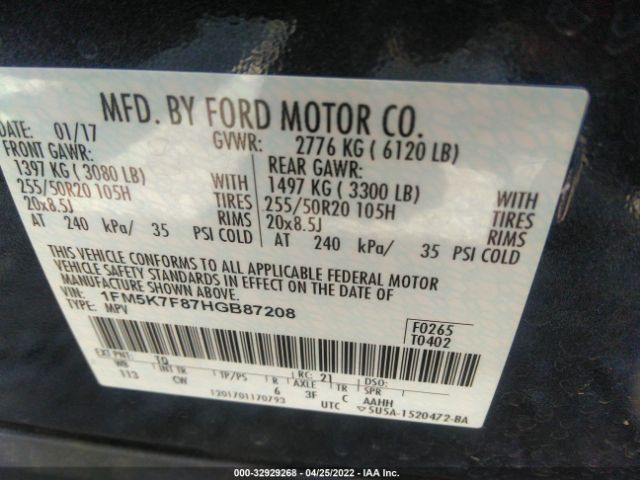 Photo 8 VIN: 1FM5K7F87HGB87208 - FORD EXPLORER 