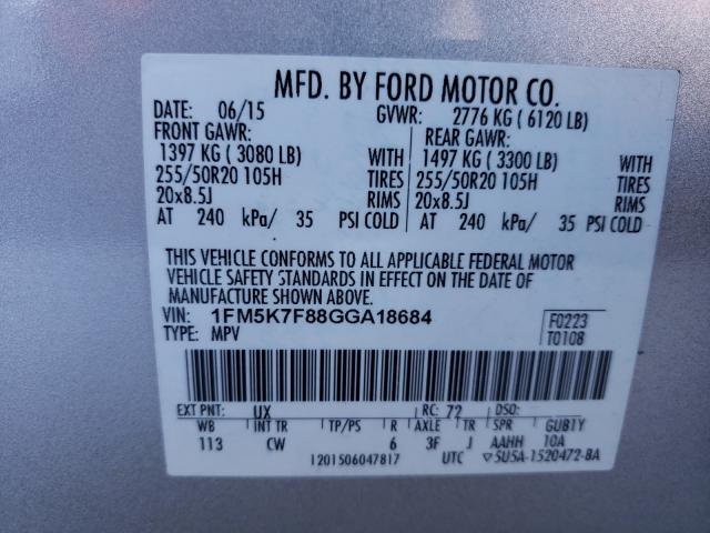 Photo 9 VIN: 1FM5K7F88GGA18684 - FORD EXPLORER L 