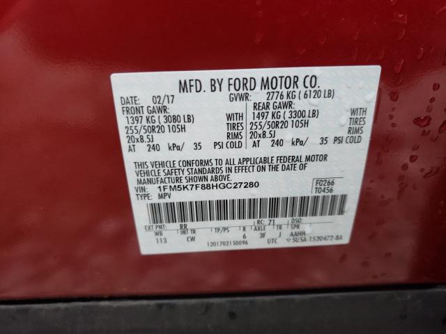 Photo 9 VIN: 1FM5K7F88HGC27280 - FORD EXPLORER L 