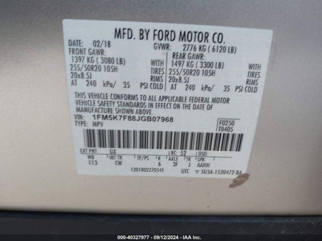 Photo 8 VIN: 1FM5K7F88JGB07968 - FORD EXPLORER 