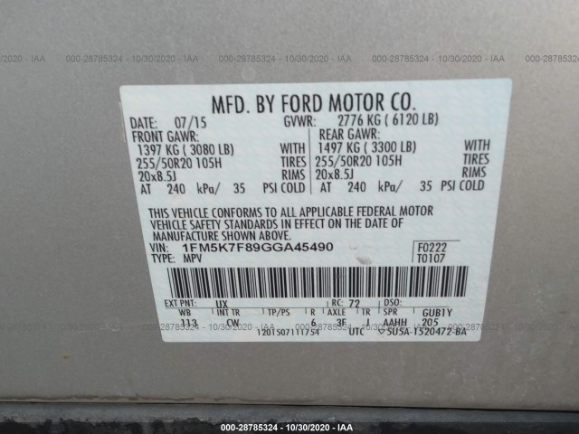 Photo 8 VIN: 1FM5K7F89GGA45490 - FORD EXPLORER 