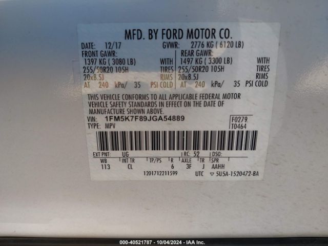 Photo 8 VIN: 1FM5K7F89JGA54889 - FORD EXPLORER 