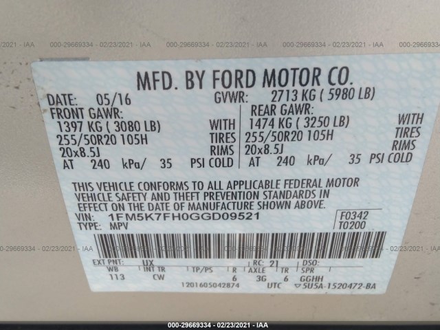 Photo 8 VIN: 1FM5K7FH0GGD09521 - FORD EXPLORER 