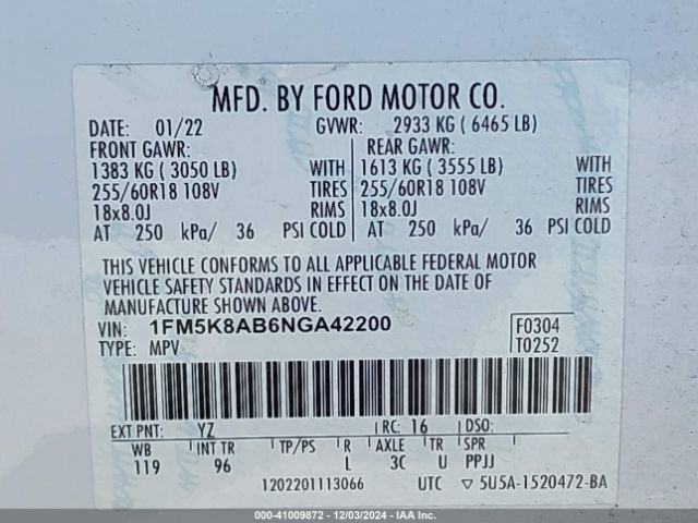 Photo 8 VIN: 1FM5K8AB6NGA42200 - FORD EXPLORER 