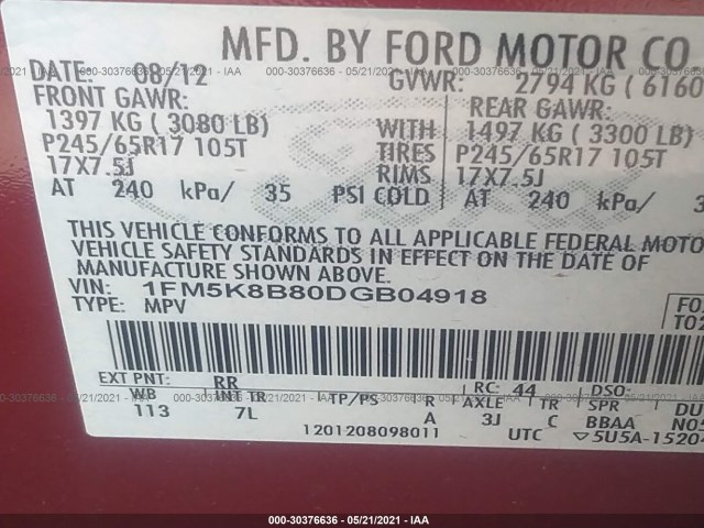 Photo 8 VIN: 1FM5K8B80DGB04918 - FORD EXPLORER 