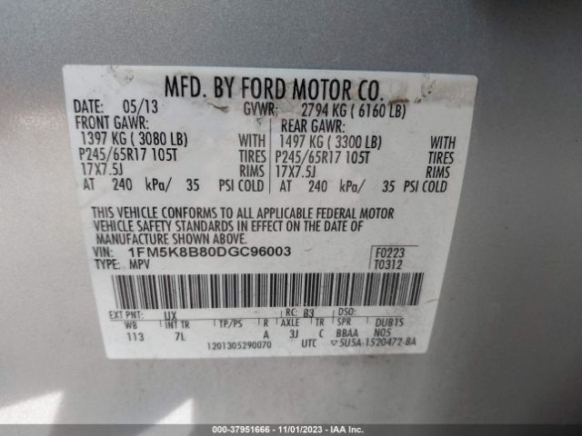 Photo 8 VIN: 1FM5K8B80DGC96003 - FORD EXPLORER 