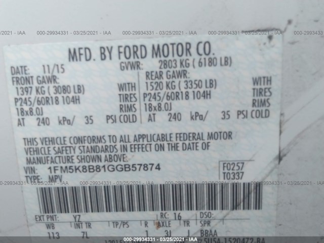 Photo 8 VIN: 1FM5K8B81GGB57874 - FORD EXPLORER 