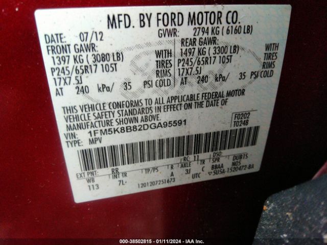 Photo 8 VIN: 1FM5K8B82DGA95591 - FORD EXPLORER 