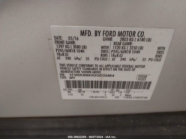 Photo 8 VIN: 1FM5K8B83GGD32464 - FORD EXPLORER 