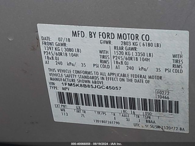 Photo 8 VIN: 1FM5K8B85JGC45057 - FORD EXPLORER 