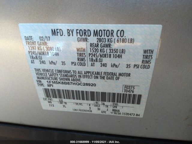 Photo 8 VIN: 1FM5K8B87HGC28920 - FORD EXPLORER 