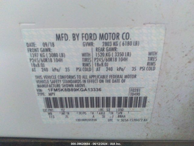 Photo 8 VIN: 1FM5K8B89KGA13336 - FORD EXPLORER 