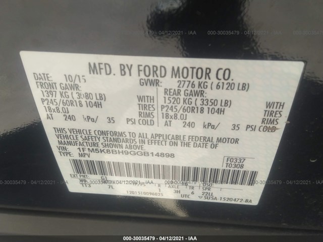 Photo 8 VIN: 1FM5K8BH9GGB14898 - FORD EXPLORER 