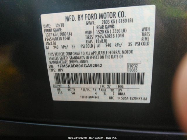 Photo 8 VIN: 1FM5K8D80KGA92862 - FORD EXPLORER 