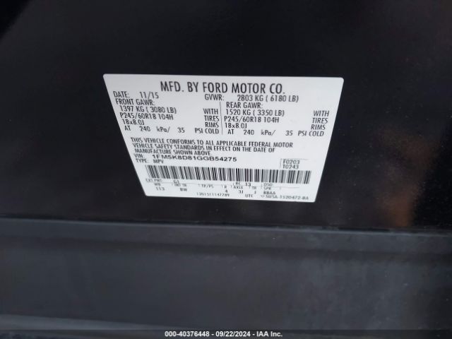 Photo 8 VIN: 1FM5K8D81GGB54275 - FORD EXPLORER 