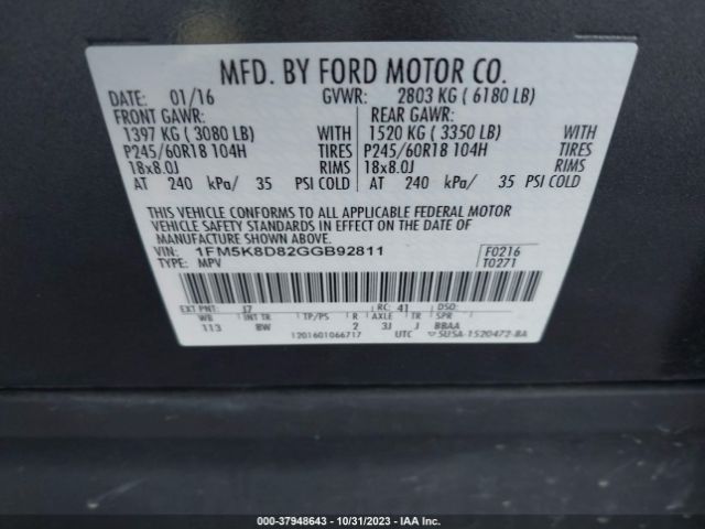 Photo 8 VIN: 1FM5K8D82GGB92811 - FORD EXPLORER 