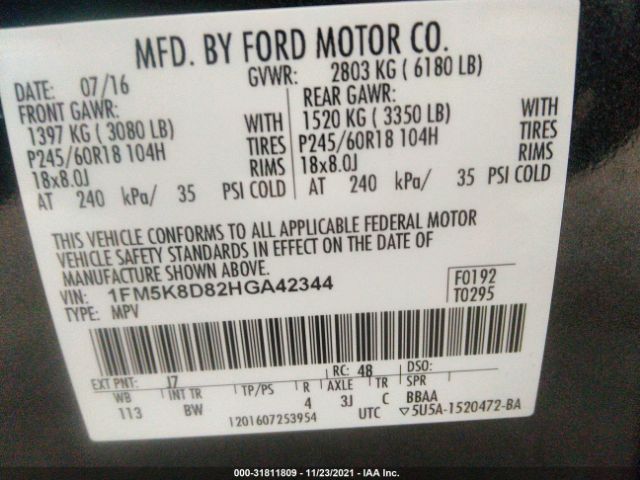 Photo 8 VIN: 1FM5K8D82HGA42344 - FORD EXPLORER 