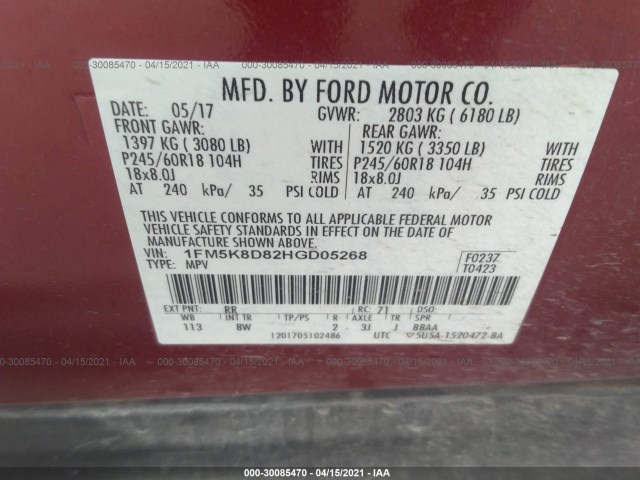 Photo 8 VIN: 1FM5K8D82HGD05268 - FORD EXPLORER 