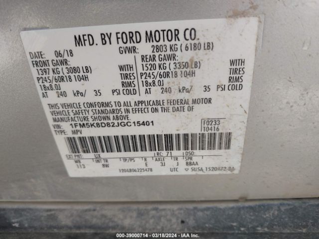 Photo 8 VIN: 1FM5K8D82JGC15401 - FORD EXPLORER 