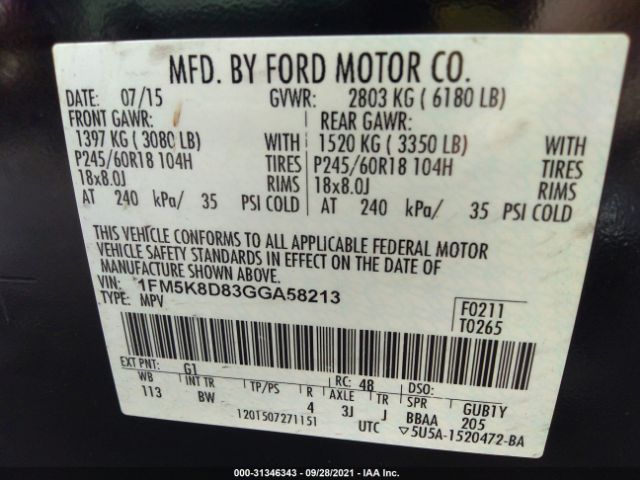 Photo 8 VIN: 1FM5K8D83GGA58213 - FORD EXPLORER 