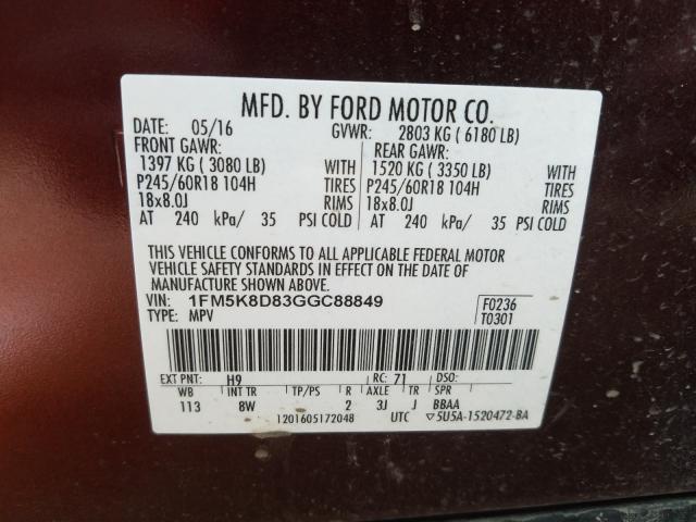 Photo 9 VIN: 1FM5K8D83GGC88849 - FORD EXPLORER X 