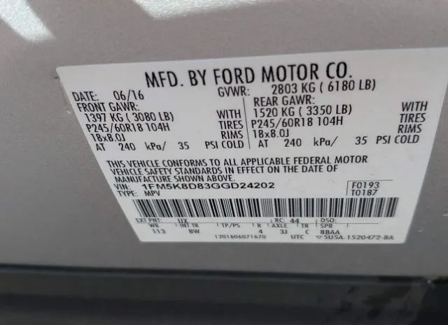 Photo 8 VIN: 1FM5K8D83GGD24202 - FORD EXPLORER 