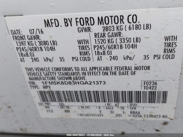 Photo 8 VIN: 1FM5K8D83HGA21373 - FORD EXPLORER 