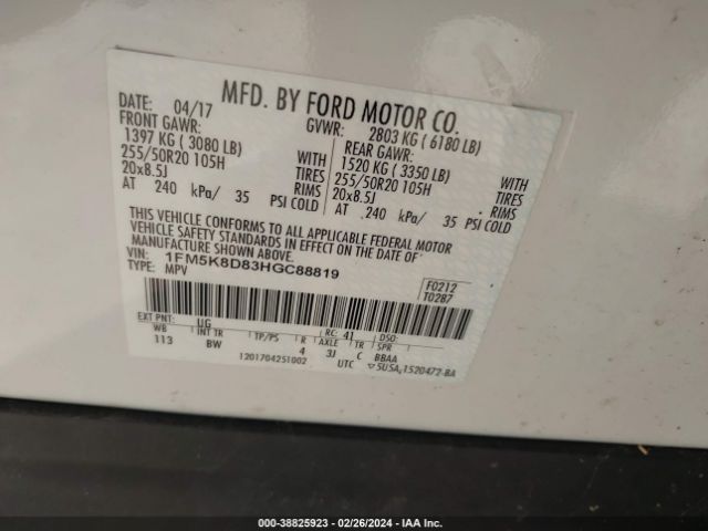 Photo 8 VIN: 1FM5K8D83HGC88819 - FORD EXPLORER 