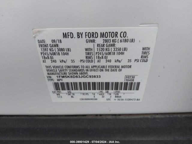 Photo 8 VIN: 1FM5K8D83JGC93833 - FORD EXPLORER 