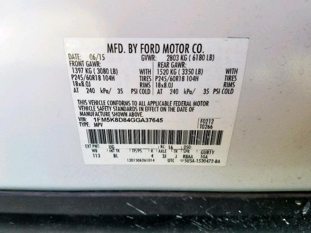 Photo 9 VIN: 1FM5K8D84GGA37645 - FORD EXPLORER X 