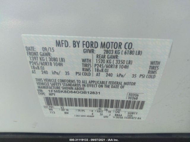 Photo 8 VIN: 1FM5K8D84GGB12831 - FORD EXPLORER 