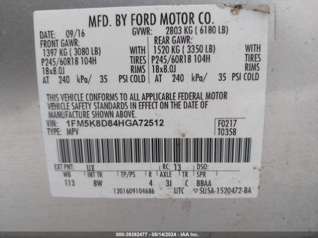 Photo 8 VIN: 1FM5K8D84HGA72512 - FORD EXPLORER 