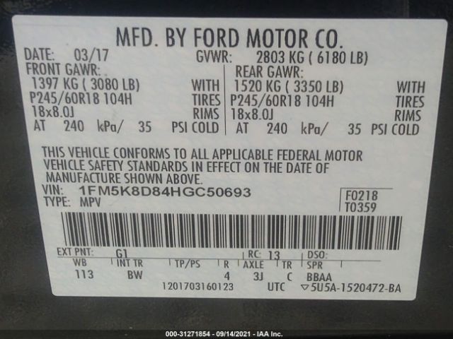 Photo 8 VIN: 1FM5K8D84HGC50693 - FORD EXPLORER 