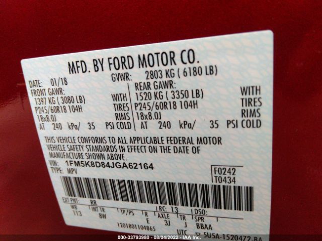 Photo 8 VIN: 1FM5K8D84JGA62164 - FORD EXPLORER 