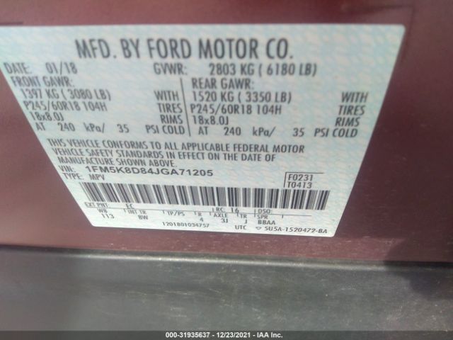 Photo 8 VIN: 1FM5K8D84JGA71205 - FORD EXPLORER 